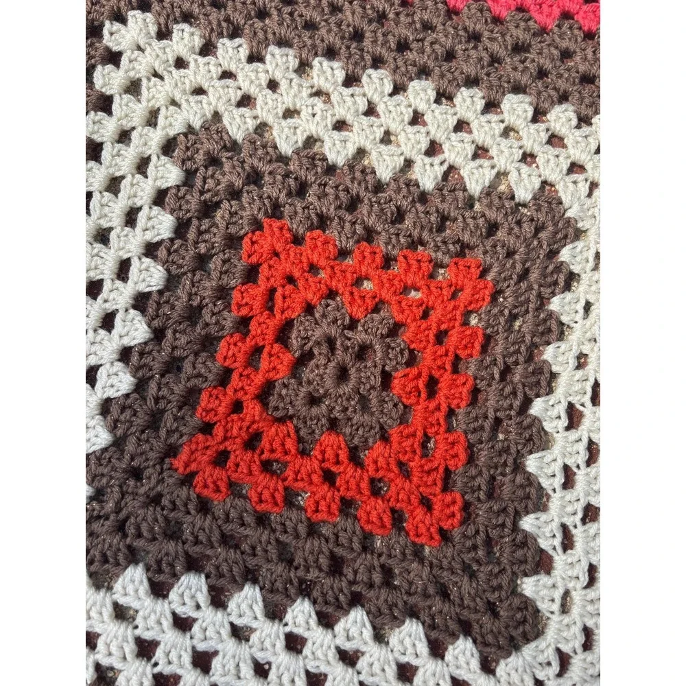 Handmade Granny Square Crochet Blanket Brown Red Pink Retro Throw 4.5ft Square